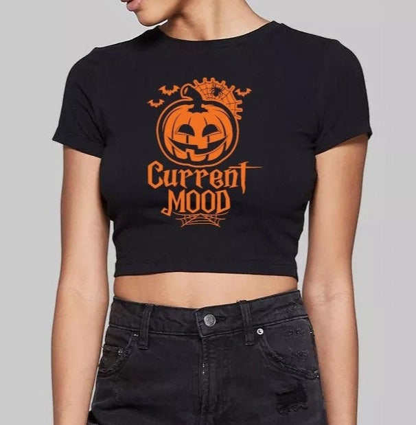 Jack-o'-lantern "Current Mood" Fitted Short Sleeve Crop Top
