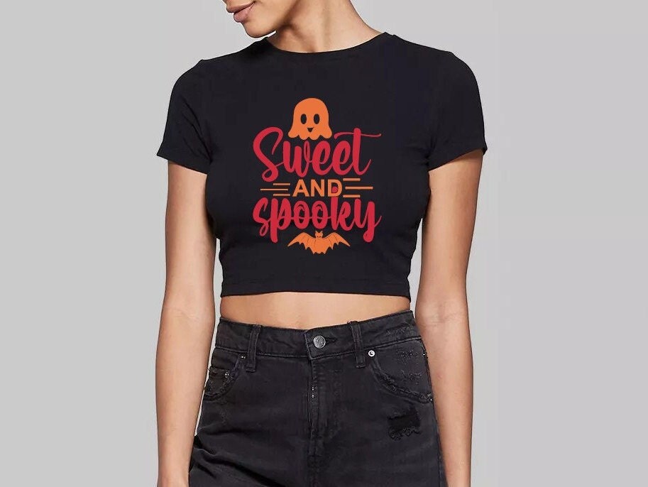 Cute Ghost "Sweet And Spooky" Fitted Short Sleeve Crop Top