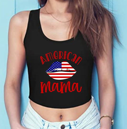"American Mama" With American Flag Lips Cropped Racerback Tank Top