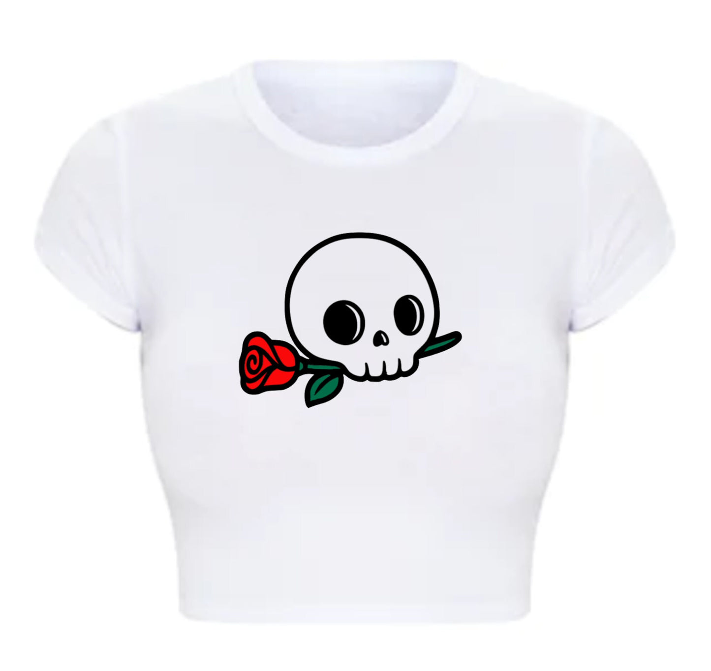 Cute Skull With Flower Fitted Short Sleeve Crop Top
