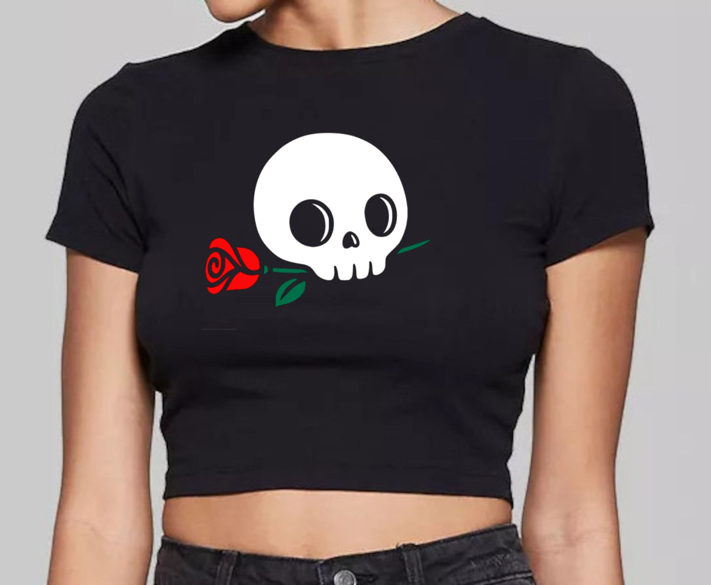 Cute Skull With Flower Fitted Short Sleeve Crop Top
