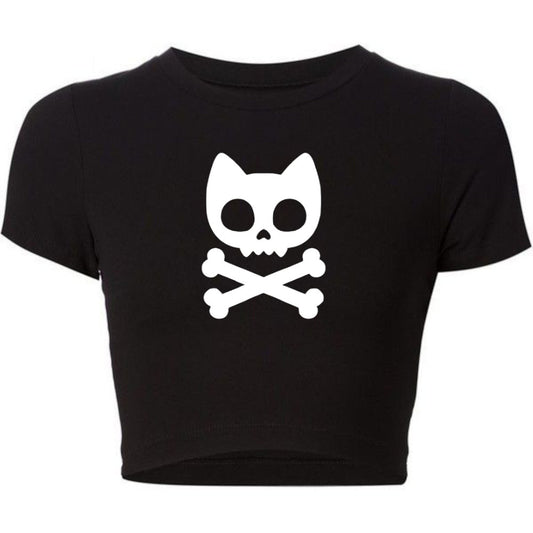 Skull And Crossbones Cat Fitted Short Sleeve Crop Top