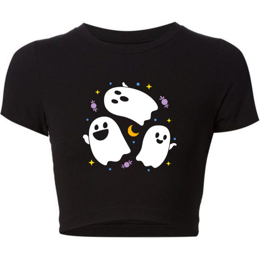 Three Cute Ghosts Fitted Short Sleeve Crop Top