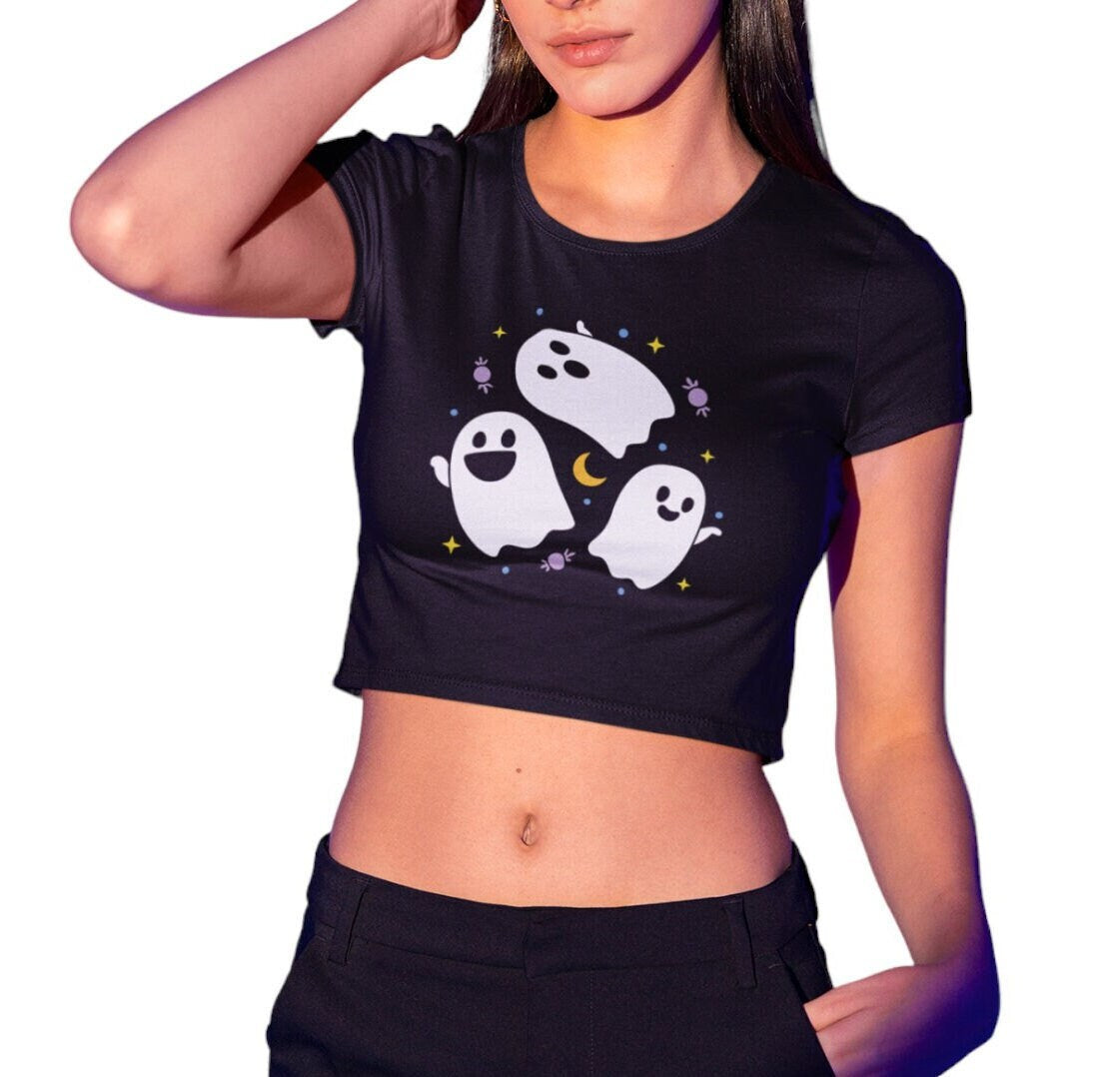 Three Cute Ghosts Fitted Short Sleeve Crop Top